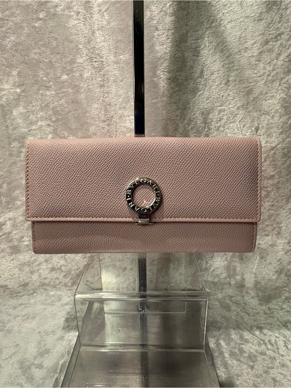 Bvlgari Silver Bezel Ring Continental Wallet Baby Pink/Fuschia NEW in box. COA